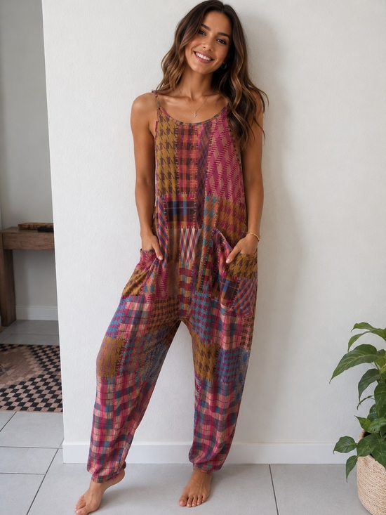 Double Take Pants - Boho Patchwork Houndstooth Jumpsuit NWT Small